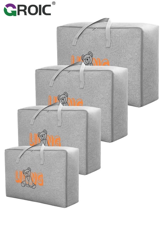 4PCS Storage Bags, Large Canvas Clothes Storage Bags with Zippers and Thick Carrying Handles, Foldable Cotton Linen Closet Organizer for Clothing, Blankets and Bedding, Waterproof Organizing Bags